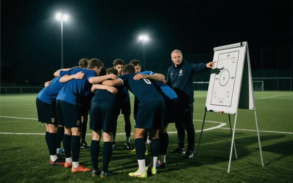 训练场上球队围成一圈讨论战术板，夜间灯光下的紧张氛围