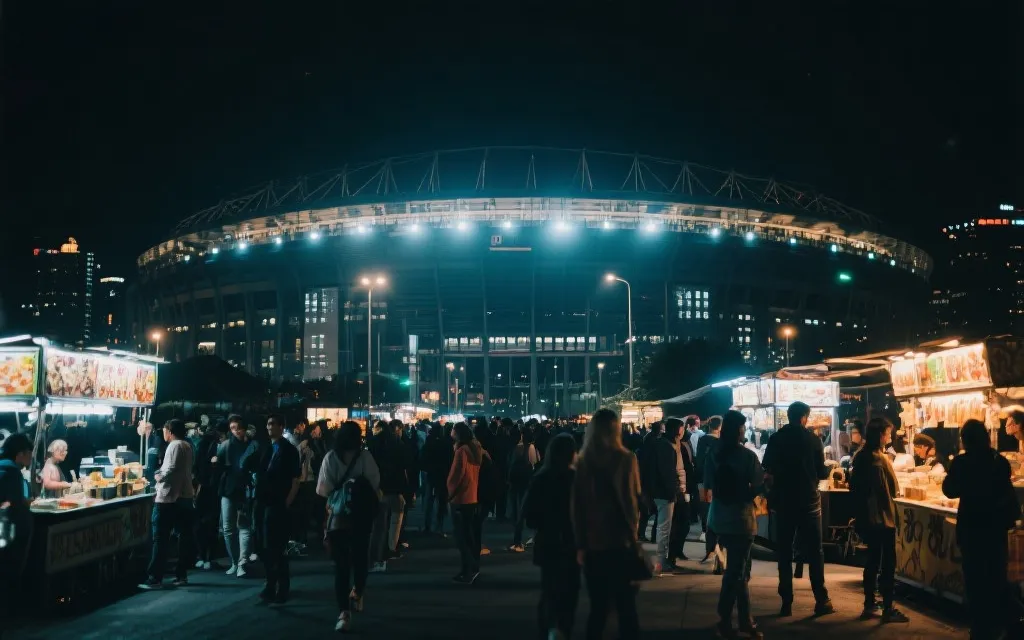 夜晚球场外的人潮与街头小吃摊,世界杯城市氛围感