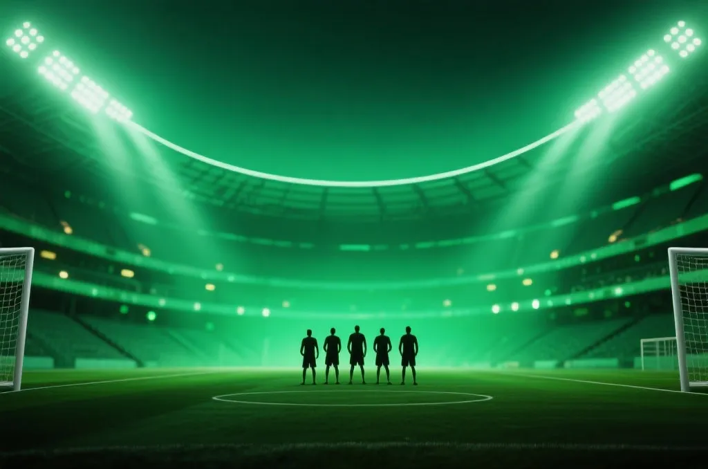Abstract stadium soccer pitch under dramatic green lighting representing high-stakes tournament analysis.